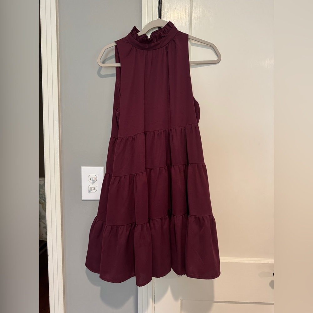 Sleeveless Ruffle Neck Tiered Dress - Burgundy